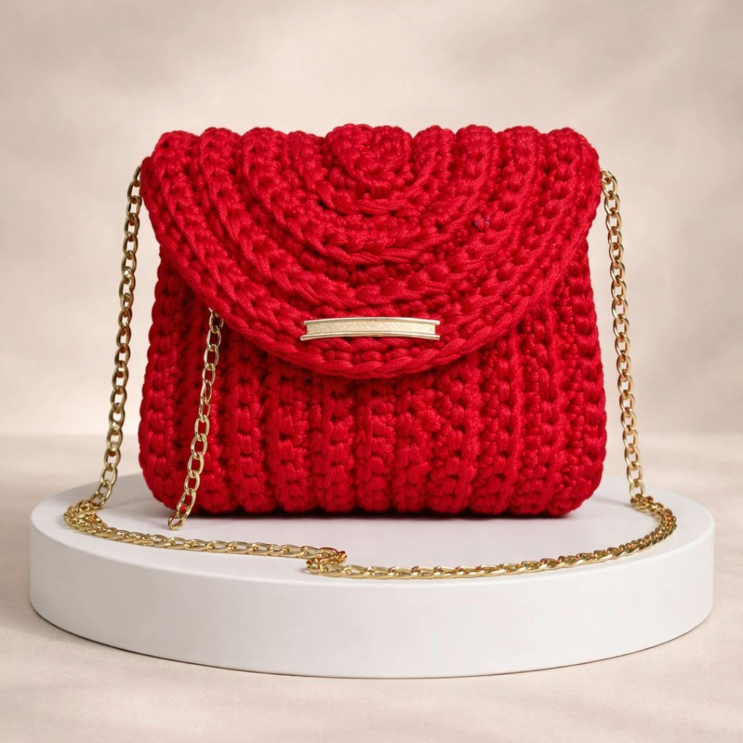 Hands crocheting a bag